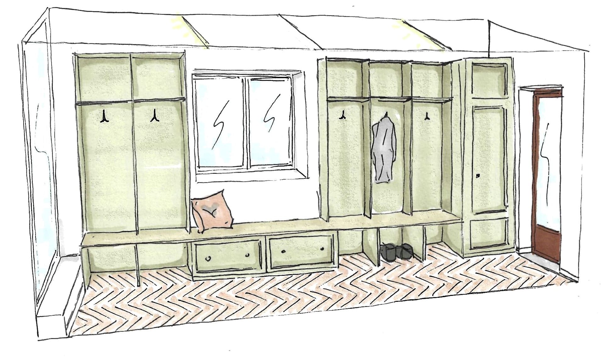 Annexe aménagée - Croquis de l’entrée Dessin d'esquisse illustrant la proposition d’aménagement de l’entrée avec banquette et rangements vestiaire.