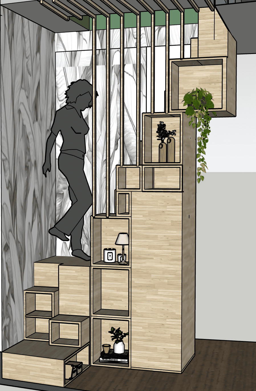 Escalier optimisé – Vue 3D escalier cube Vue extérieure du pole santé après travaux