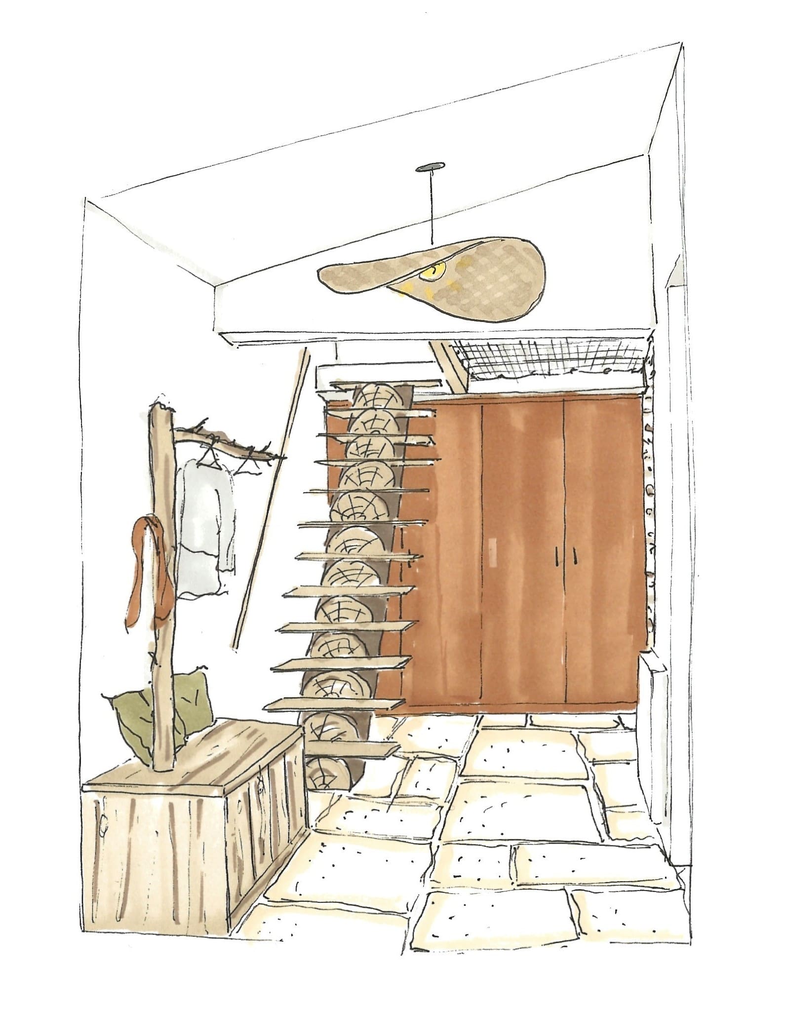 Croquis d’ambiance – Entrée et escalier Croquis d’ambiance illustrant l’entrée avec escalier en tronc d’arbre, filet suspendu et sol en travertin opus, mélangeant authenticité et modernité.