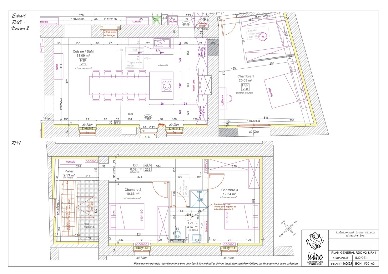 Plan d’esquisse version 2, intégrant le rez-de-chaussée et l’étage avec nouvelle organisation des espaces de vie et des chambres.