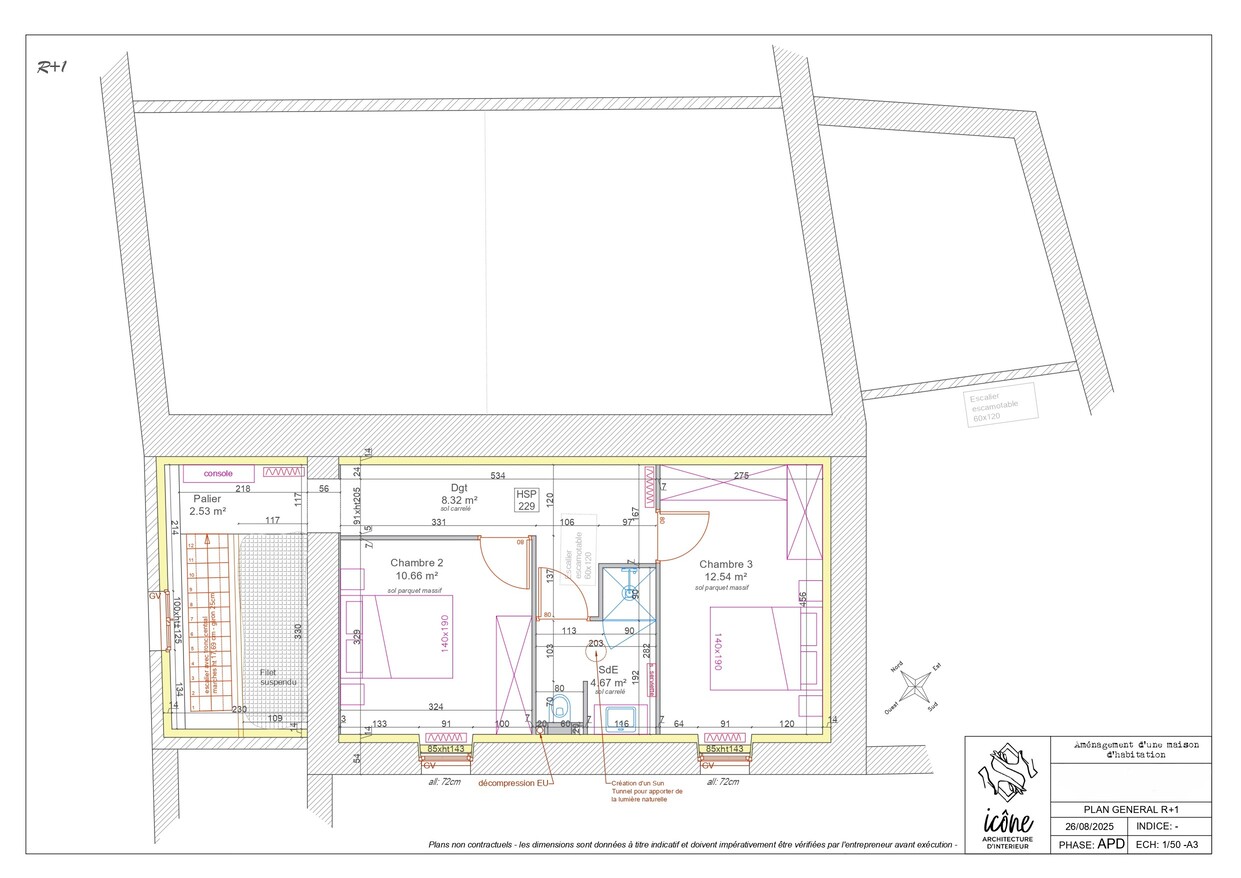 Plan de l’avant-projet définitif à l’étage, précisant la répartition des chambres, de la salle d’eau et le palier avec filet suspendu.