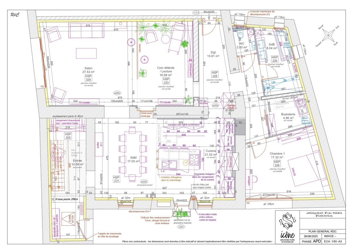Plan de l’avant-projet définitif du rez-de-chaussée, détaillant entrée, cuisine, salon, salle à manger et coin nuit.