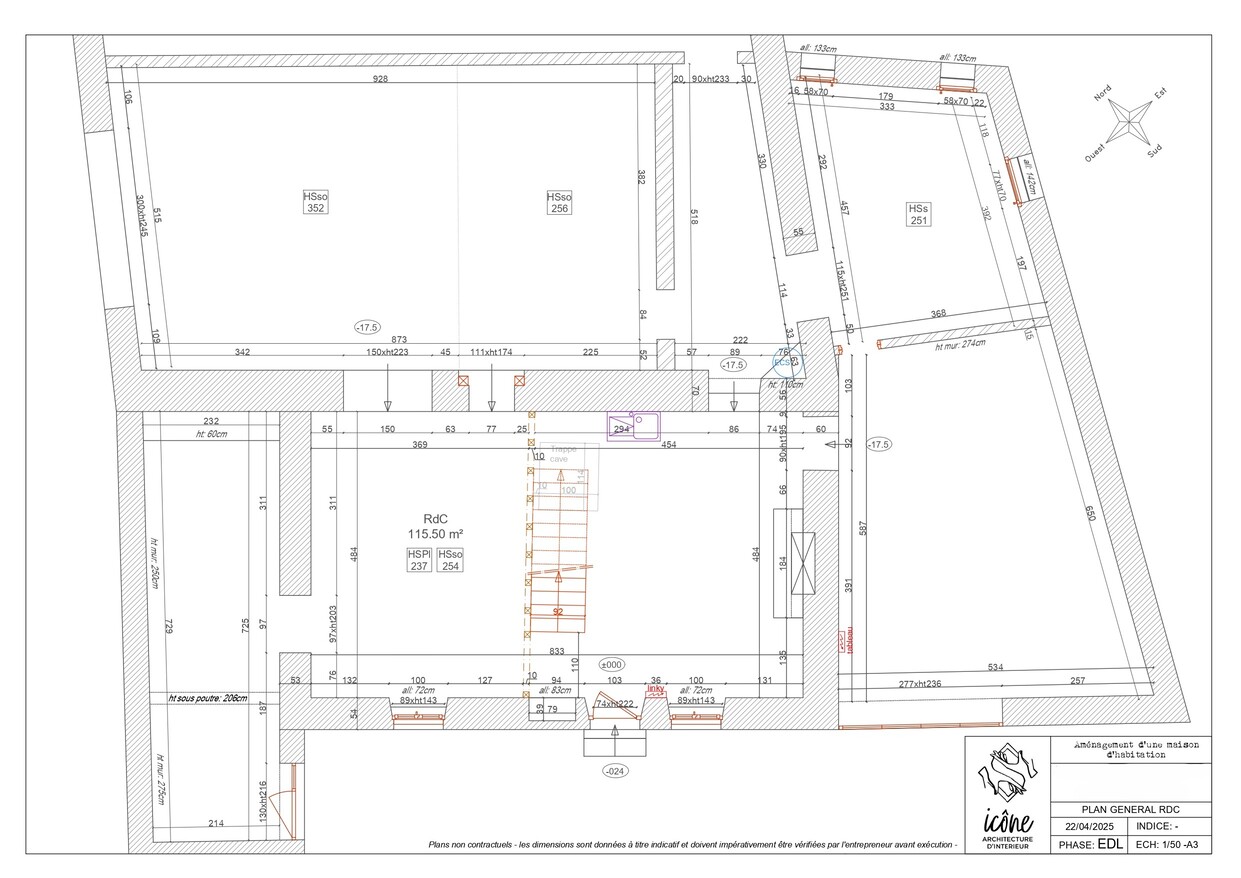 Plan d’état des lieux du rez-de-chaussée, montrant la distribution initiale des pièces et les accès.