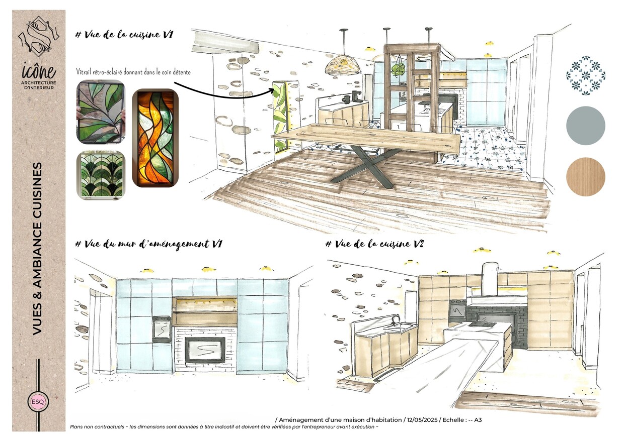 Planches d’ambiance cuisine Planche d’esquisse présentant deux propositions d’aménagement de cuisine, avec vitrail rétroéclairé.