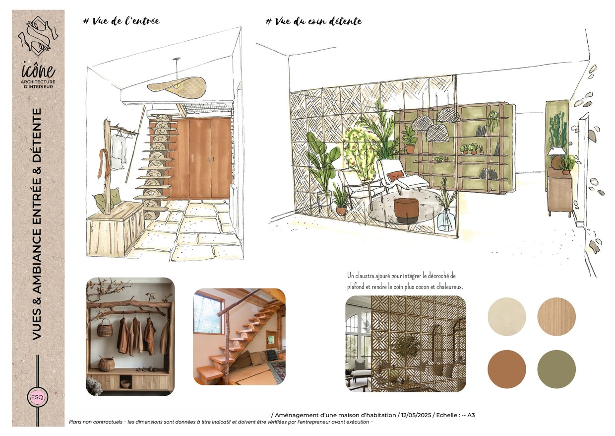 Planches d’ambiance entrée et coin détente Planche d’ambiance montrant l'entrée avec escalier en tronc de bois brut et un espace détente avec claustra ajouré et végétation.