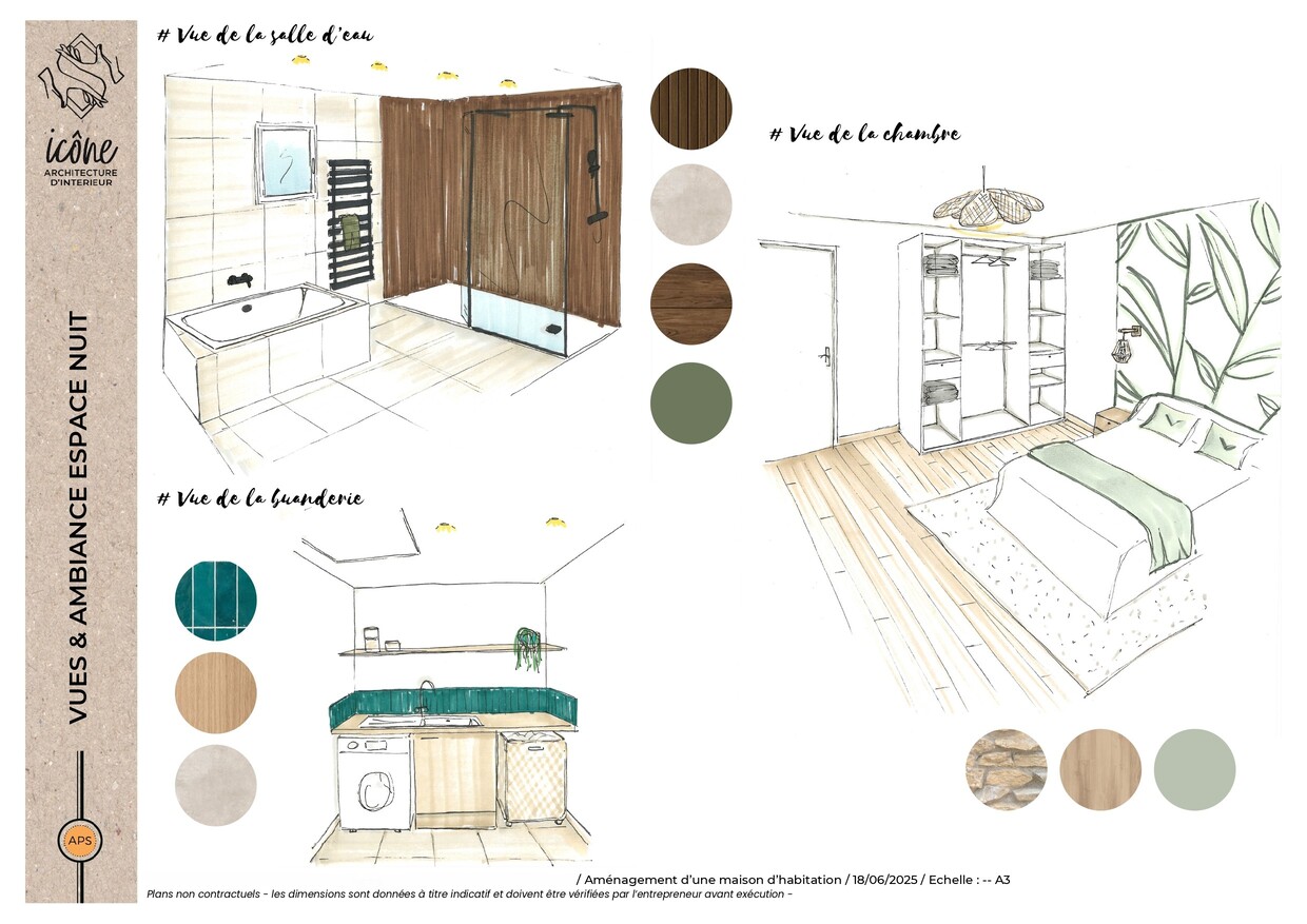 Planches d’ambiance espace nuit Planche d’ambiance présentant une chambre avec mur décoratif, une salle d’eau avec baignoire et douche, et une buanderie avec rangements fonctionnels.