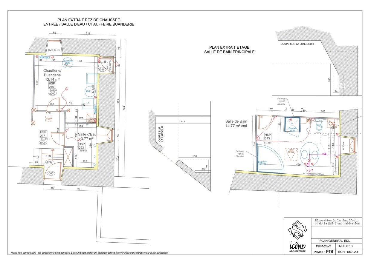 Plan de l’état des lieux du rez-de-chaussée et de l’étage : entrée, salle d’eau, buanderie et salle de bains principale avant rénovation. Le plan met en évidence l’organisation initiale des espaces, les équipements sanitaires et les cloisonnements existants.