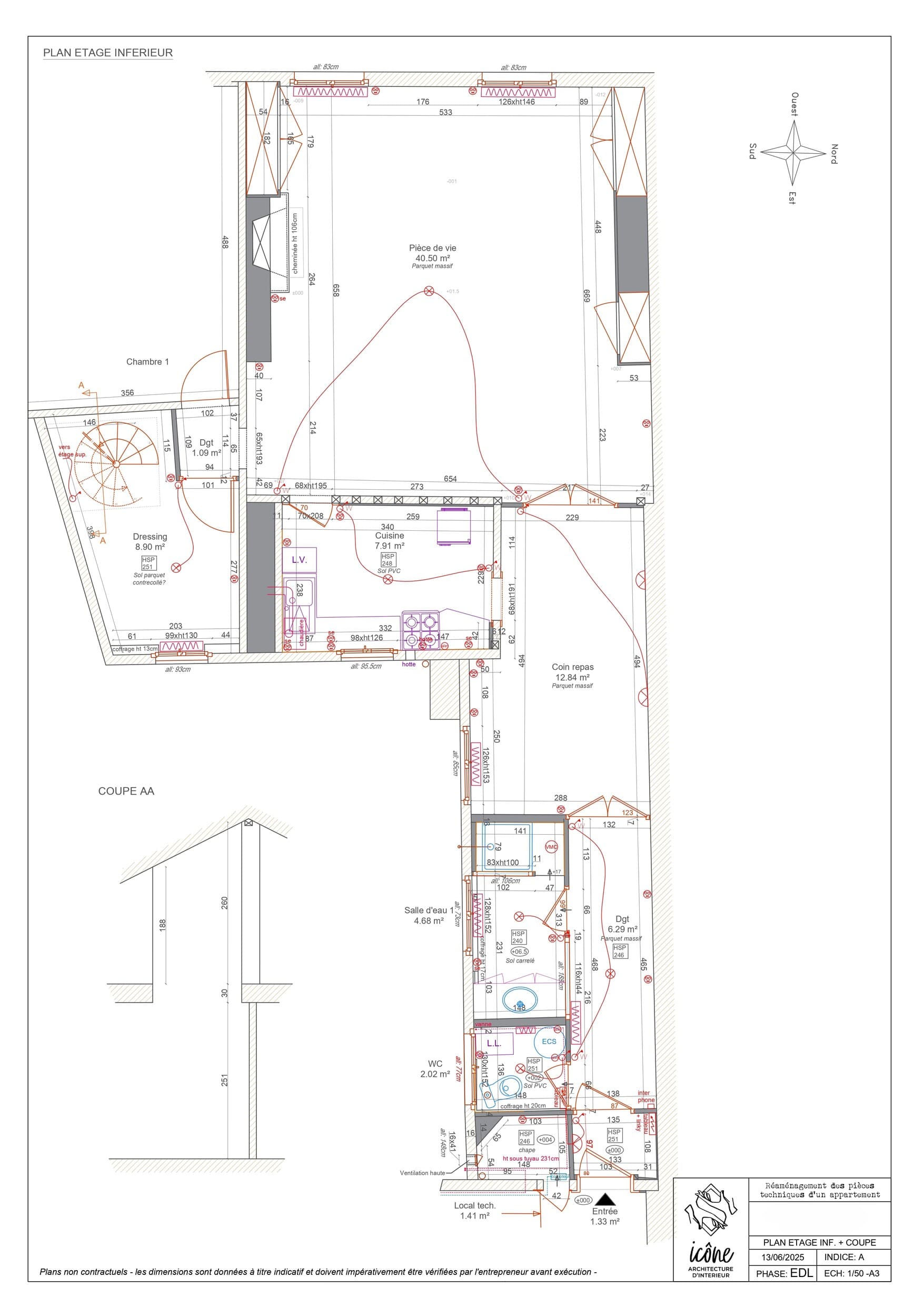 Plan général du niveau inférieur de l'appartement montrant l’implantation définitive des pièces : cuisine, coin repas, salle d’eau, WC, entrée, buanderie.