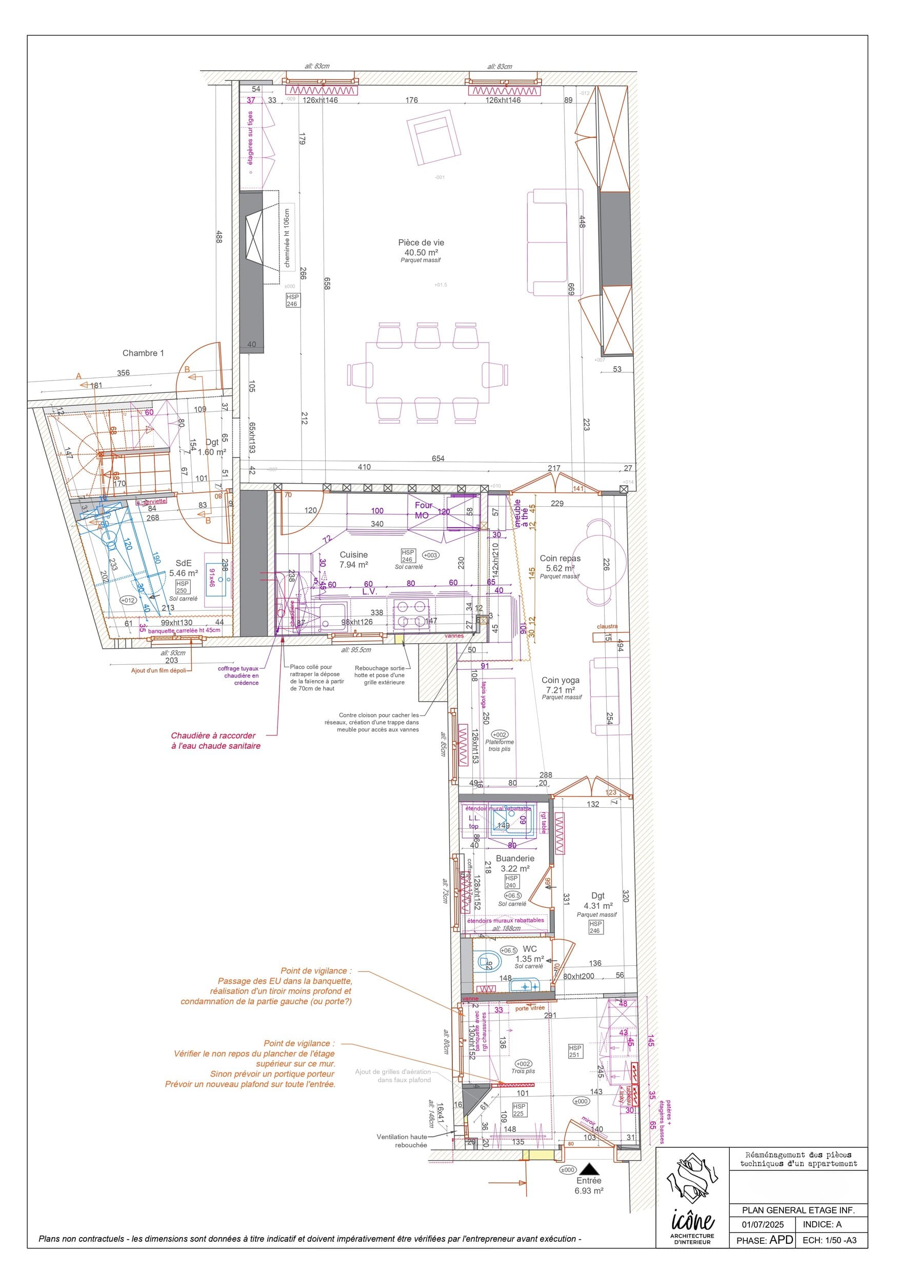 Plan général du niveau inférieur de l'appartement montrant l’implantation définitive des pièces : cuisine, coin repas, salle d’eau, WC, entrée, buanderie.