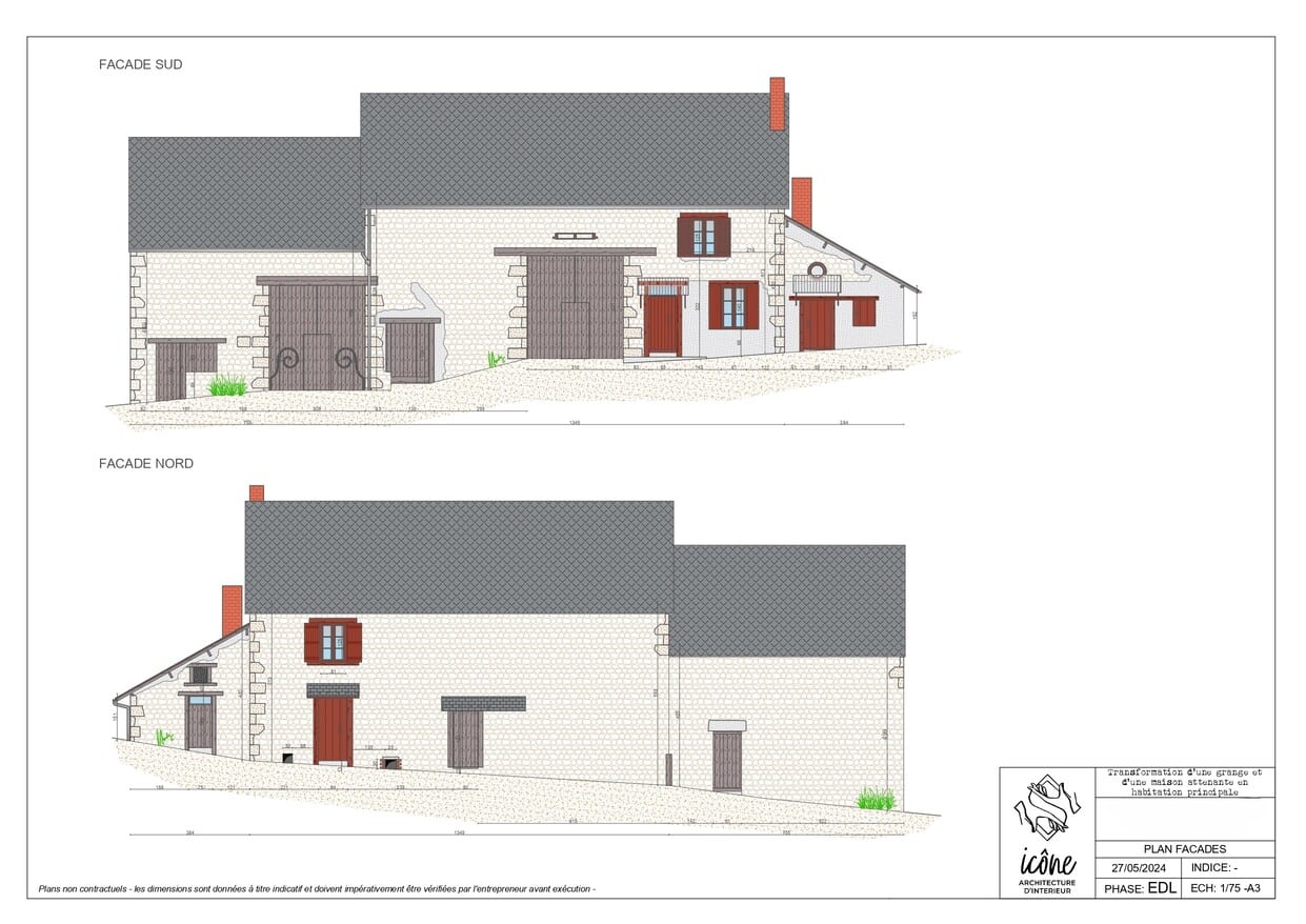 Élévations des façades après travaux montrant les nouvelles ouvertures, les menuiseries et le traitement des murs en pierre...