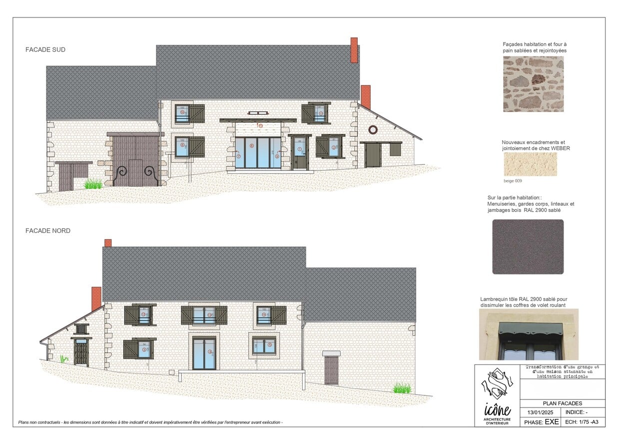 Élévations des façades après travaux montrant les nouvelles ouvertures, les menuiseries et le traitement des murs en pierre...