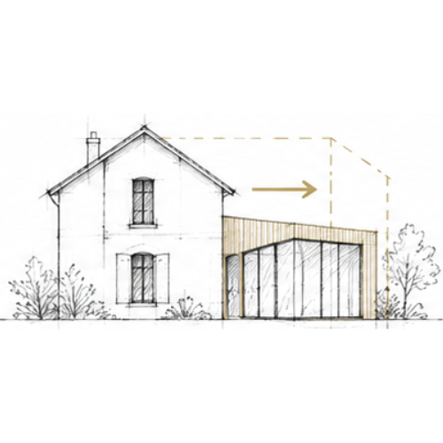 Croquis architectural illustrant l’agrandissement d’une maison