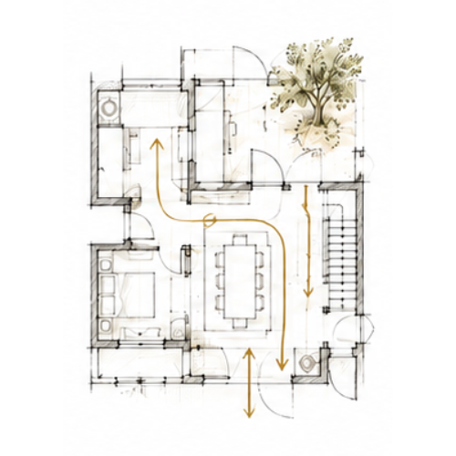 Croquis architectural illustrant les circulations et les flux dans une maison