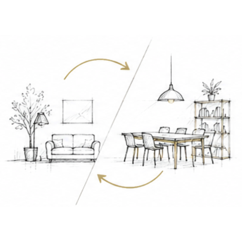 Croquis architectural illustrant l’évolution des usages d’une maison