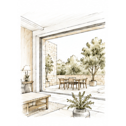 Croquis architectural illustrant le lien entre intérieur et extérieur