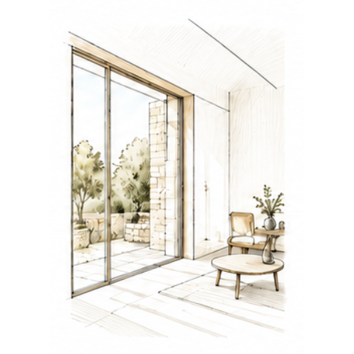 Croquis architectural illustrant les ouvertures et la lumière naturelle dans une maison