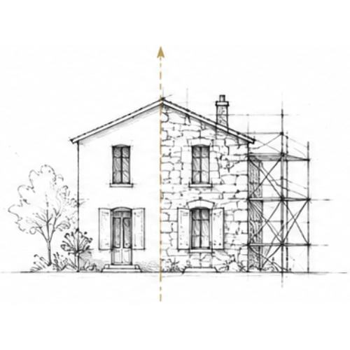 Croquis architectural illustrant la rénovation d’une maison existante