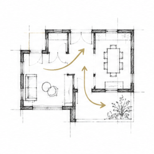 Croquis architectural illustrant la réorganisation des espaces d’une maison