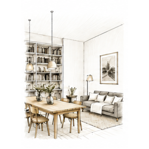 Croquis architectural illustrant les usages et le confort dans une maison