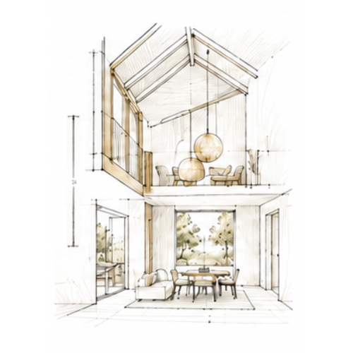 Croquis architectural illustrant les volumes et proportions d’une maison